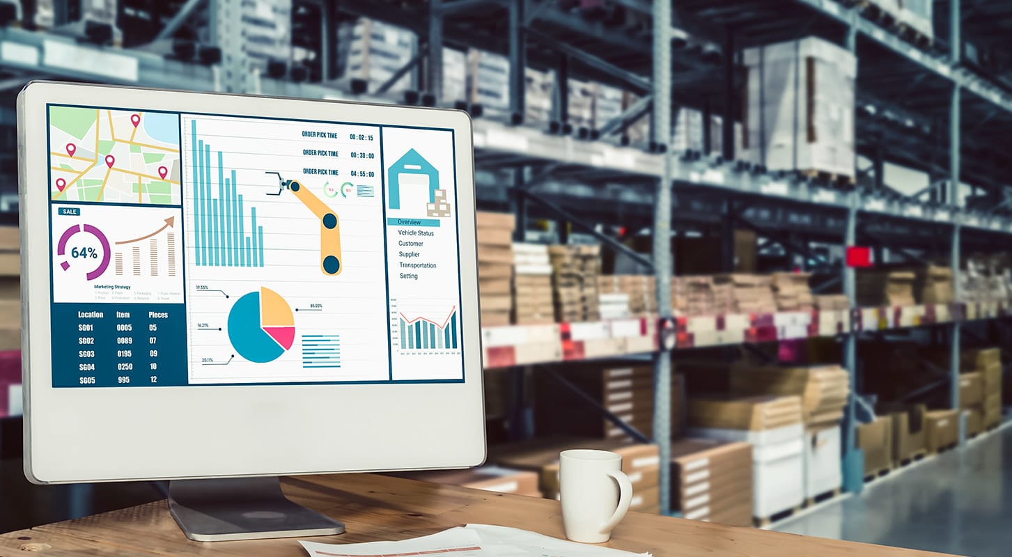 Monitor displaying data diagrams illustrating how to leverage Qlik in warehouse management software for enhanced supplier experience and data collaboration.